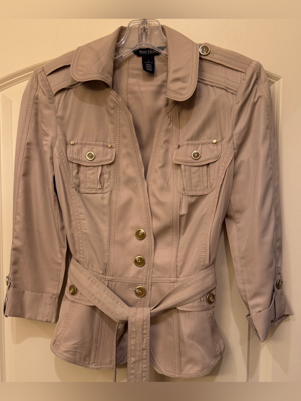 White House Black Market Tan Utility/Safari  Peplum Jacket Belted Epaulets - 6